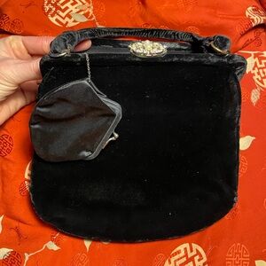 Vintage Black Velvet Evening Handbag with Rhinestone Clasp and Coin Purse 50’s